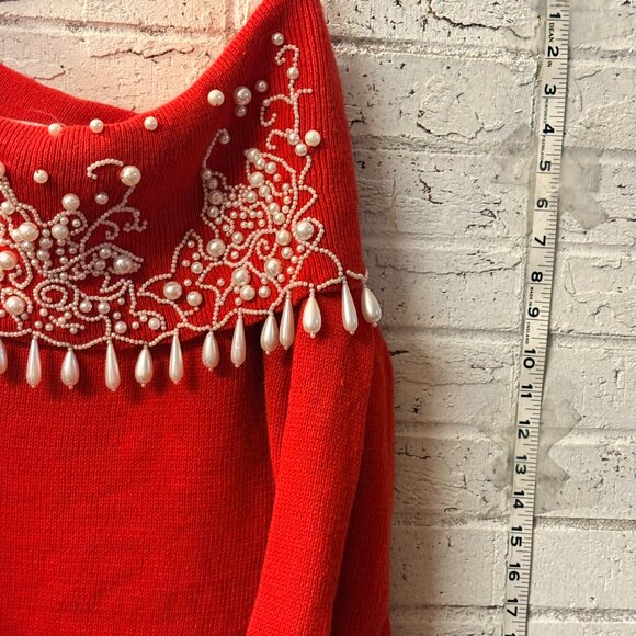 Studio C Red Beaded Pearl Embellished Sweater – Size 2X – Glam Off-Shoulder - Picture 3 of 10
